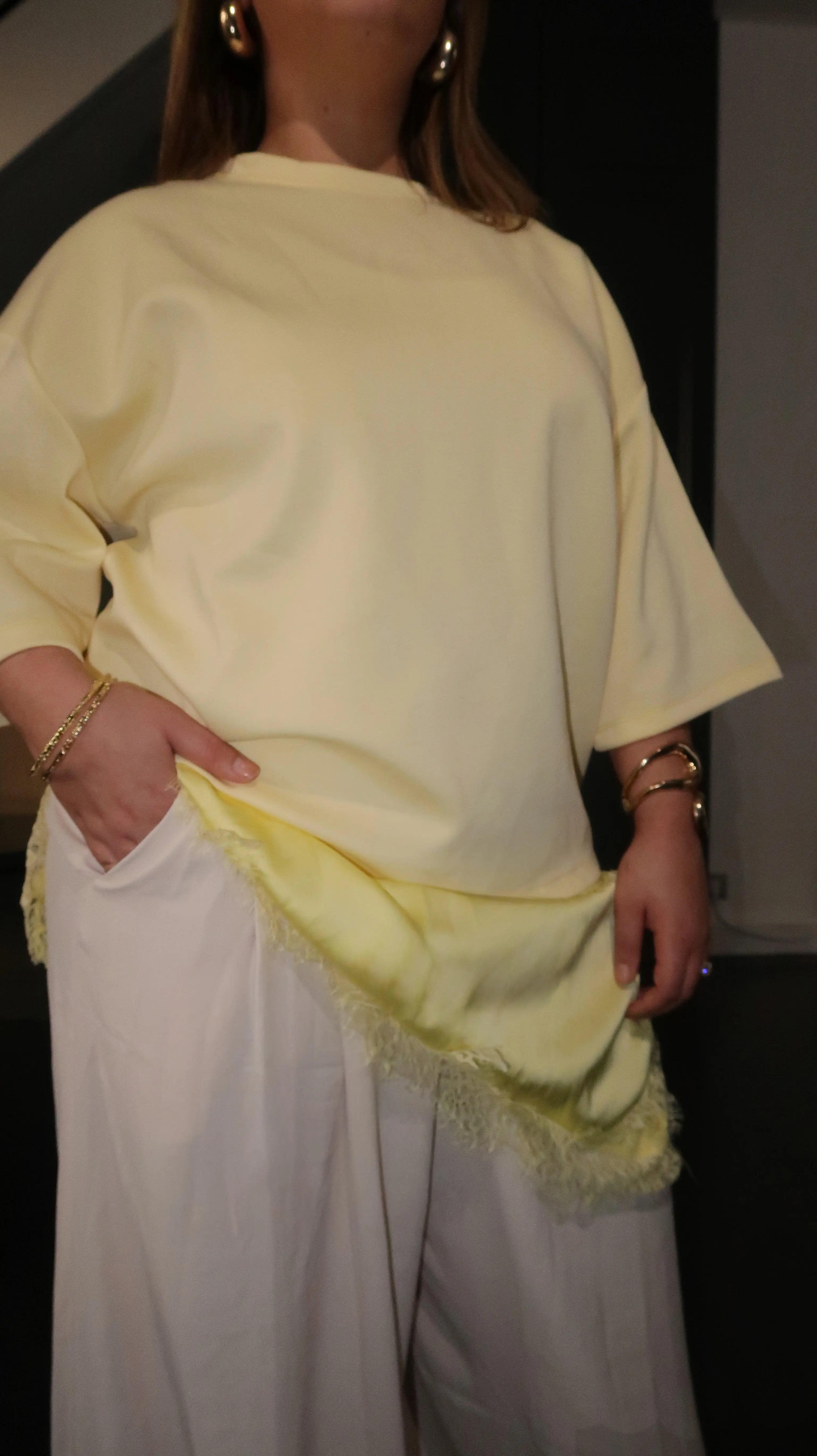 T-shirt oversize en dentelle bi matière - Jaune MAISON ZINA